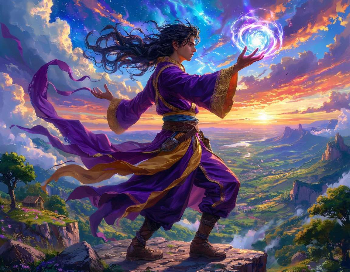 Молодой маг Rift колдует на фоне яркого пейзажа