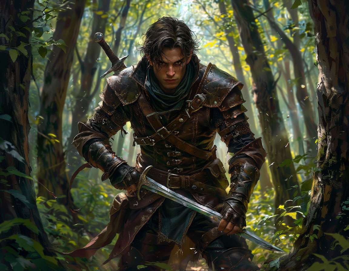 Разбойник Rift в кожаных доспехах и с парой кинжалов, скрывается в тенях леса