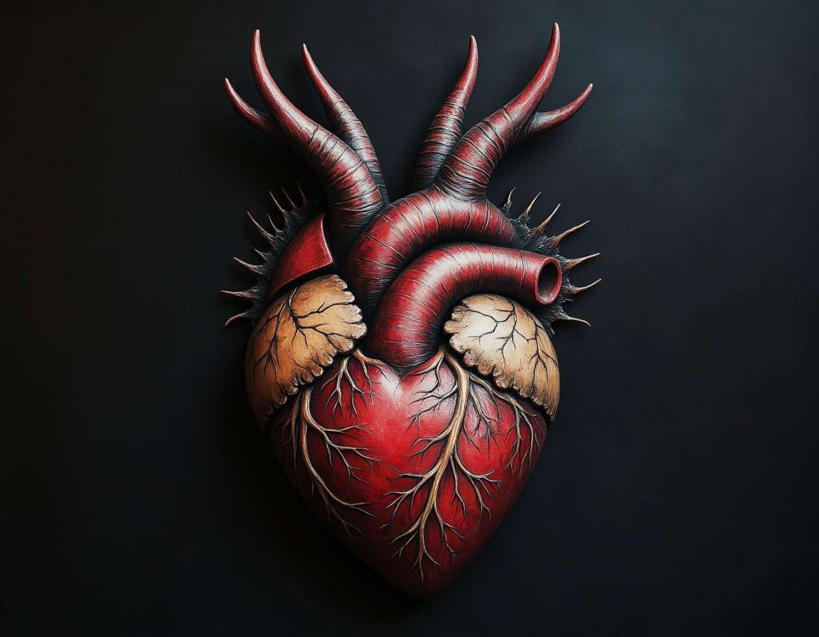 сердце с рогами в стиле готической татуировки, яркое и выразительное