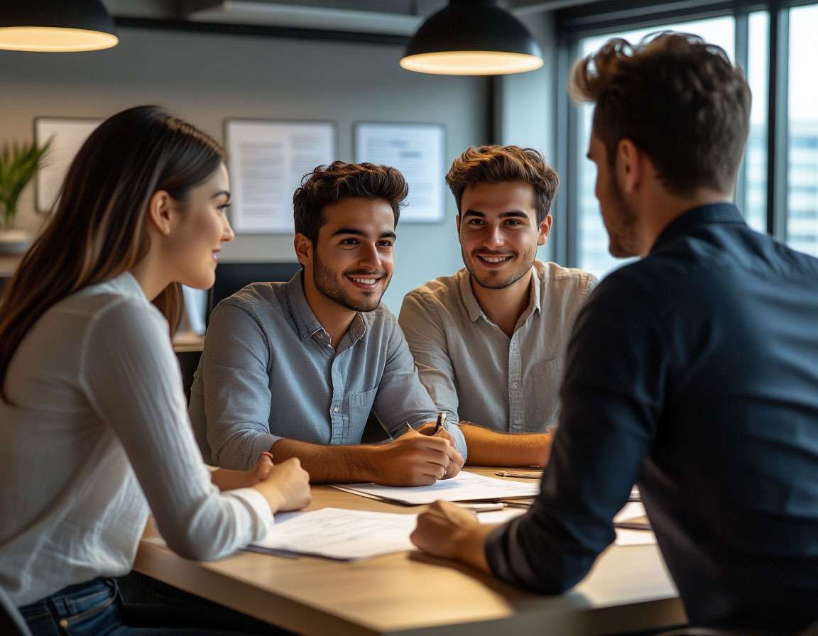 Работники в офисе за рабочим столом, обсуждающие проект