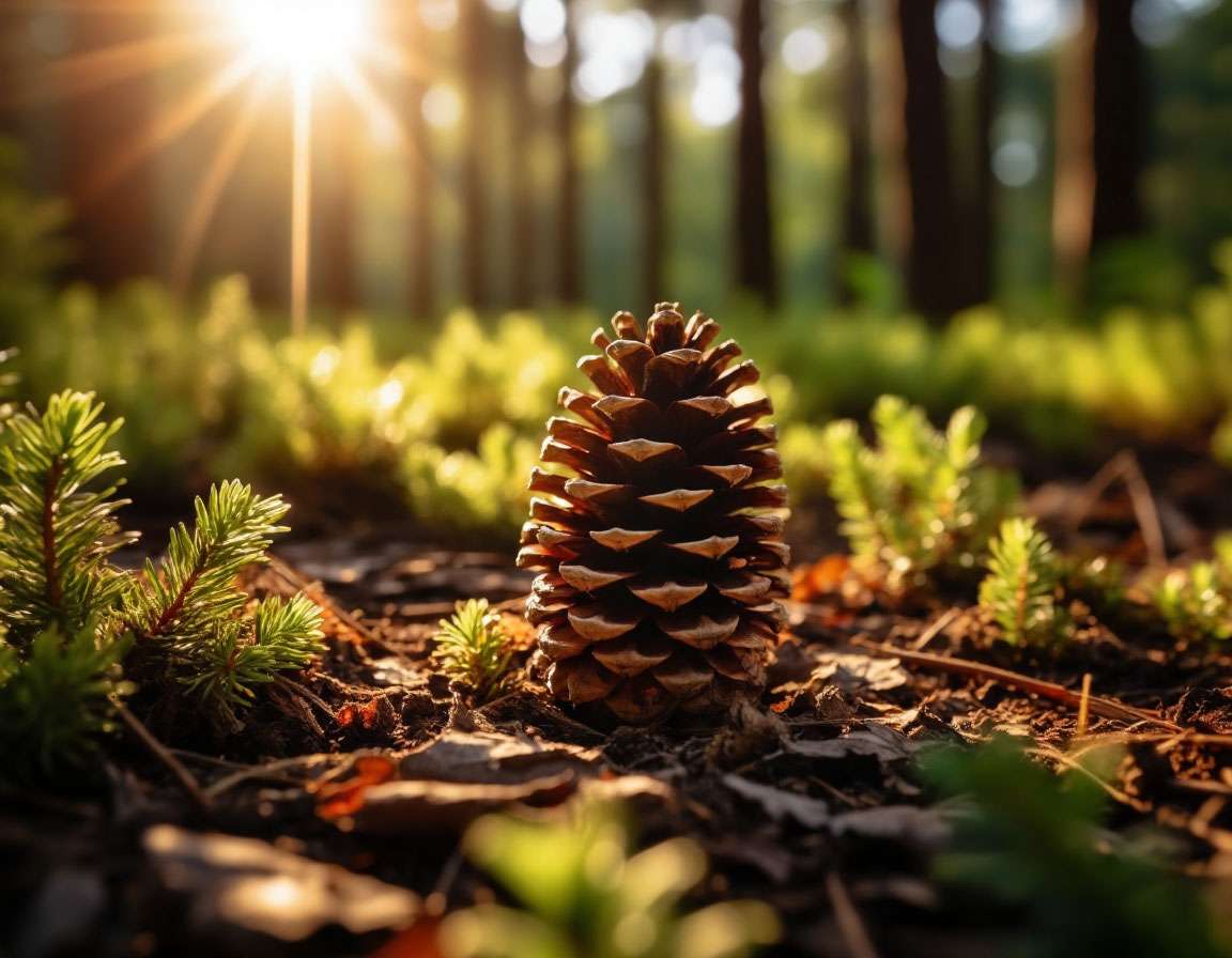 Шишка, упавшая на землю в лесу или парке, с ярким солнечным светом и зеленью вокруг
