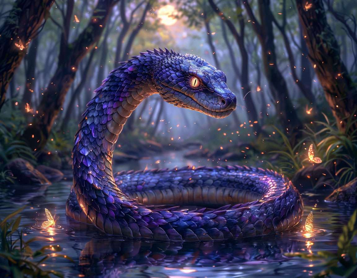 Древний корейский лес ночью, мистический полузмей-имуги крадётся к воде. Туман и мерцающие светлячки.