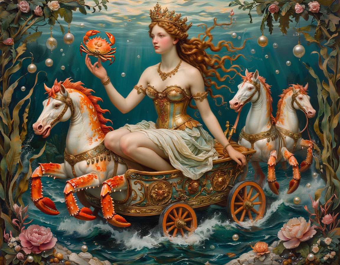Амфитрита в золотой короне из крабовых когтей, сидит на колеснице, запряжённой морскими конями, океанский дворец, окружена нереидой, водорослями и жемчугом.