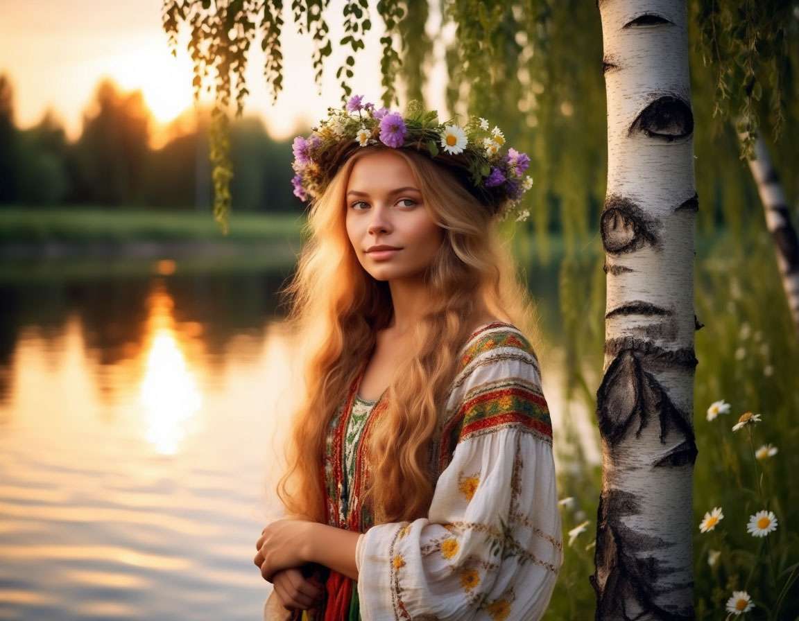 Берегиня в образе светловолосой женщины с венком из полевых цветов, стоящая у берёзы на берегу реки на рассвете; мягкий сияющий свет, традиционные славянские украшения, вокруг утренняя роса.