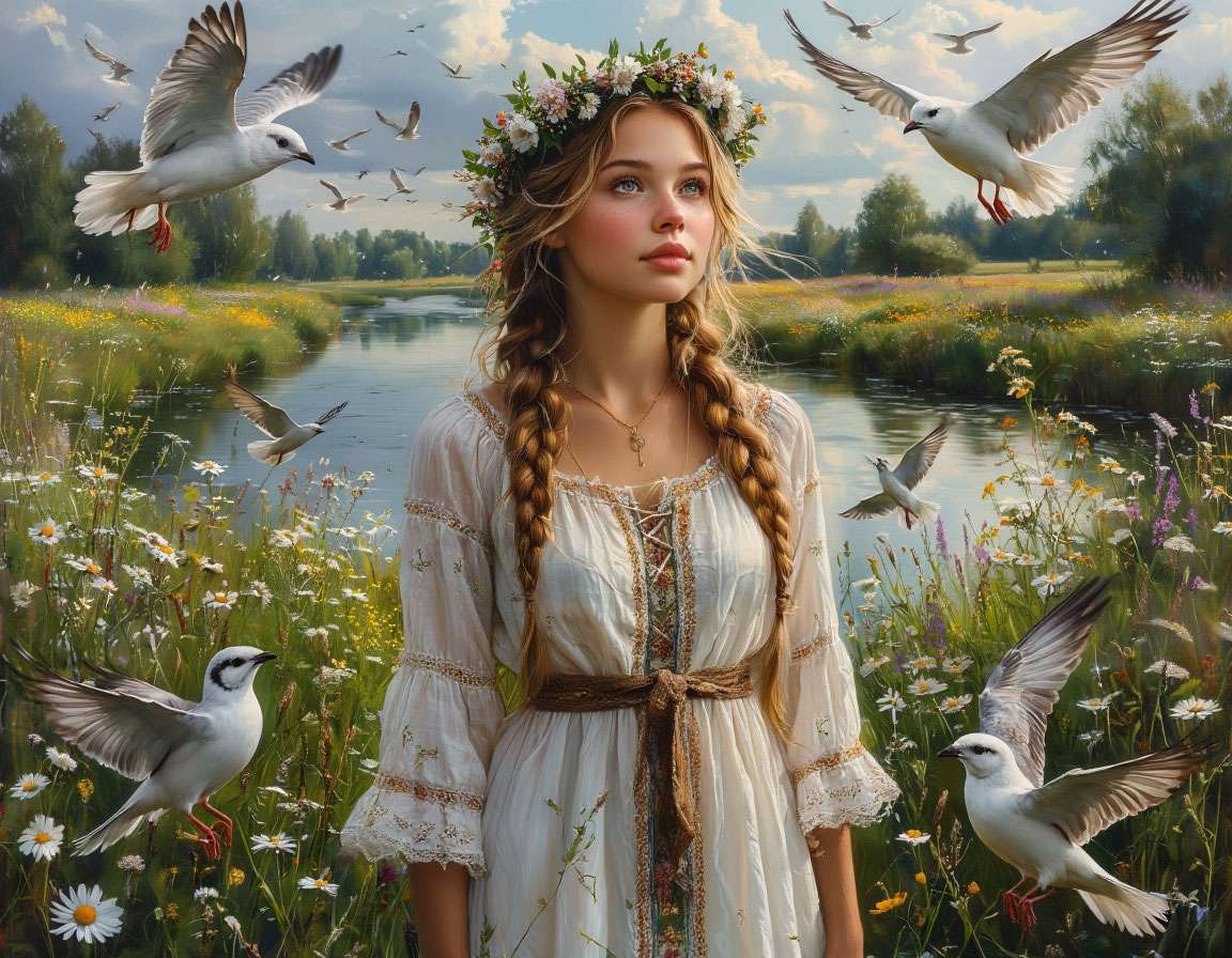 Славянская берегиня — девушка в белой одежде, с венком на голове, стоит среди цветущих лугов, вокруг летящие птицы, спокойная река, атмосферная природная гармония.