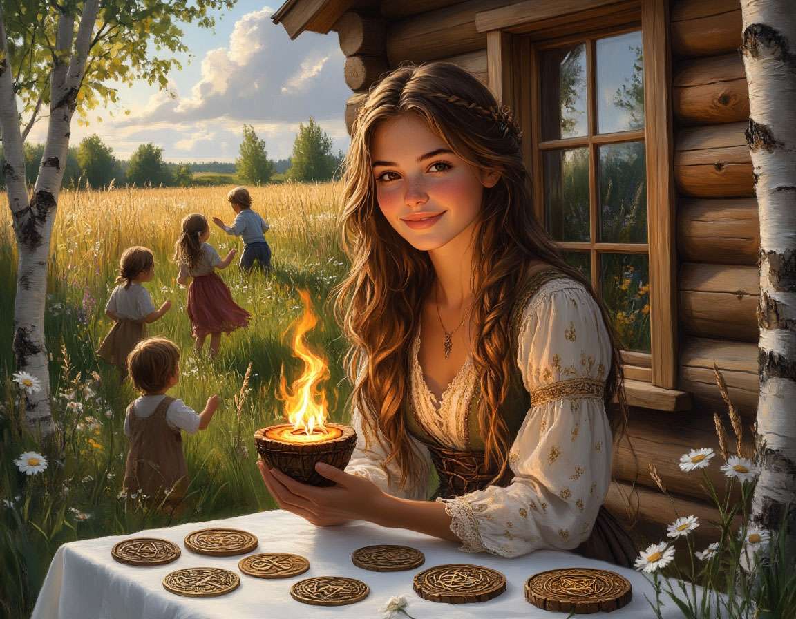 Берегиня в виде девушки у окна дома с ритуальным пламенем, на заднем плане детские силуэты и поле; обереговые символы на скатерти.