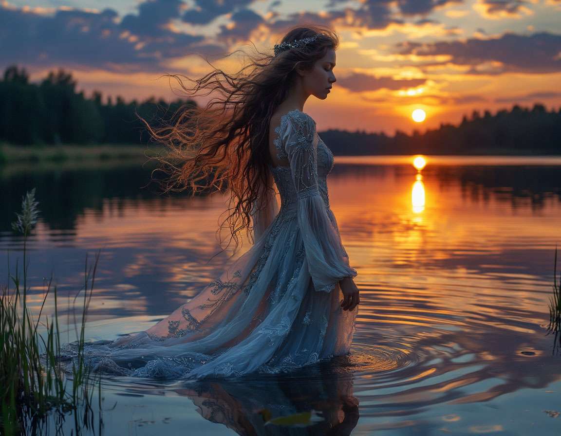 Берегиня в виде женщины-водяницы у зеркально спокойного озера на закате, волосы развеваются, на поверхности отражается луна, образ мечтательный и таинственный.