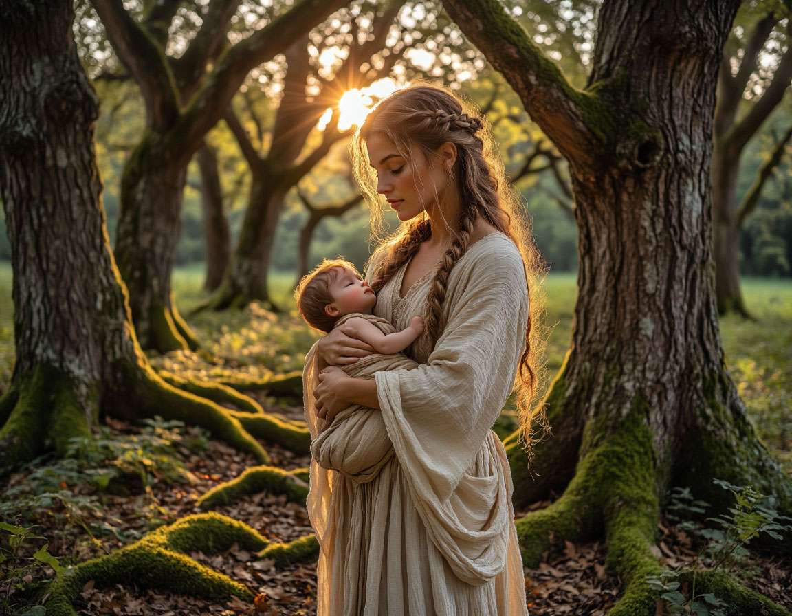 Берегиня-хранительница среди древних дубов, рассвет сквозь листву, на руках спящий младенец, на поясе обережная кукла.