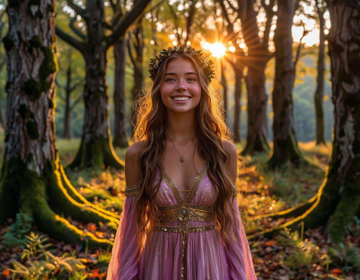 Молодая богиня в золотистом венке среди древнего ритуального леса рассветного света. Славянская мифология.