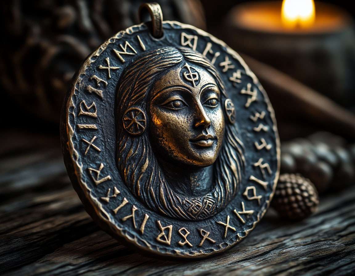 Старинный славянский амулет с женским ликом и руническими символами. Макси-крупный план, таинственный свет.