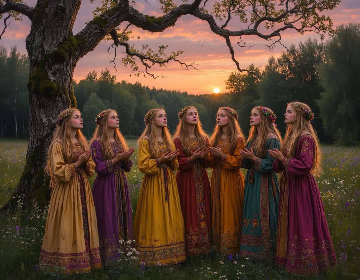 Группа славянских девушек с венками поют на рассвете, летний лес, мистическая атмосфера. Обрядовое действие.