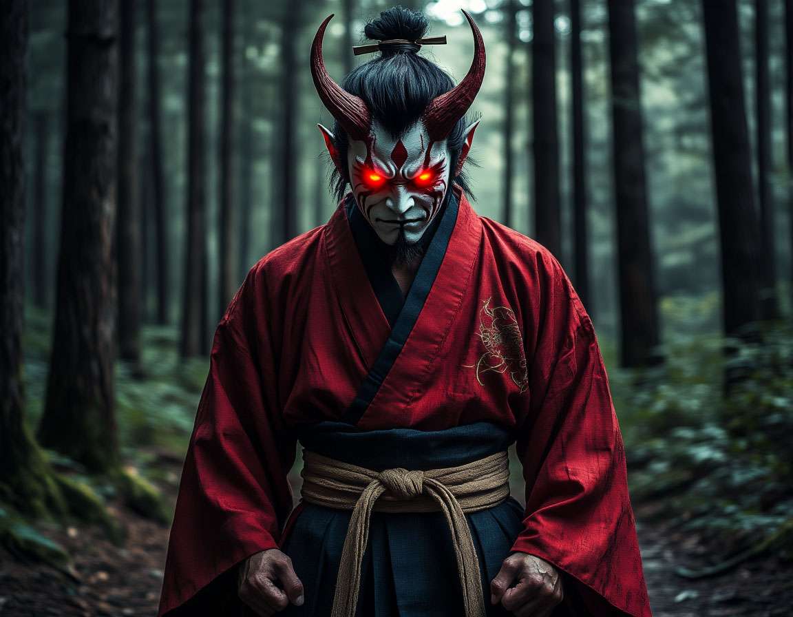 Зловещий японский демон акума с горящими красными глазами, традиционные восточные одежды, ночной лес, мистическая атмосфера