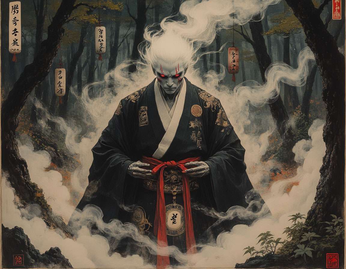 Акума в стиле японской живописи: полупрозрачная фигура среди завитков дыма, традиционные амулеты, мистические символы