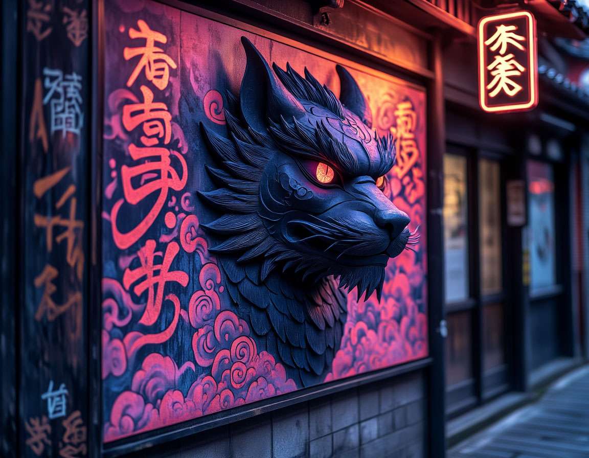 Современная японская уличная сцена: тень акумы на стене, смешение городской неоновой эстетики и элементов фольклора