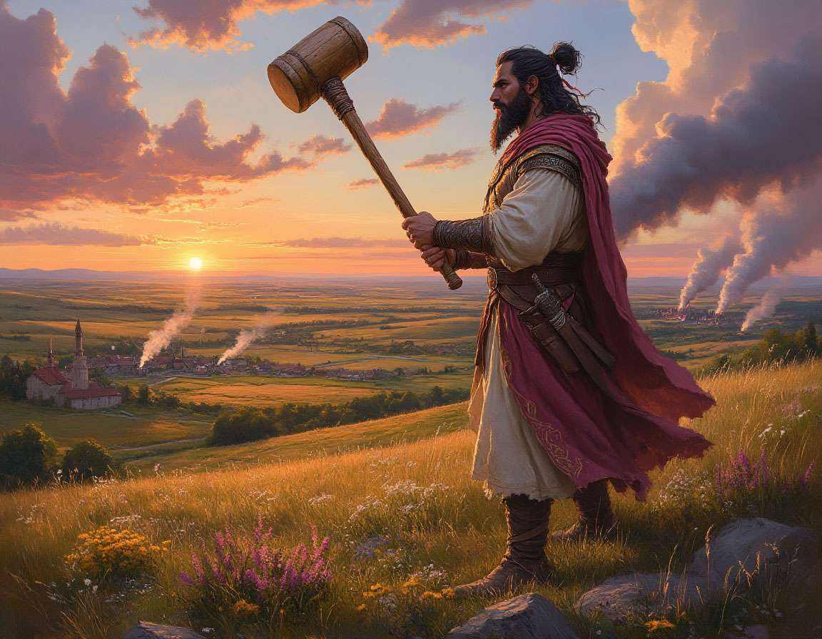 Могучий великан Алп в богатырских одеждах, стоящий на вершине холма с видом на степь, в руках дубина, пейзаж рассвета, мифологический стиль