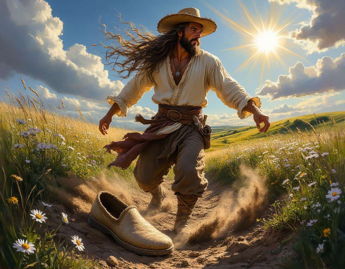 Алп вытряхивает землю из огромных лаптей, рядом образуются холмы; могучее тело, народное одеяние, славянско-тюркский мотив, дневной свет