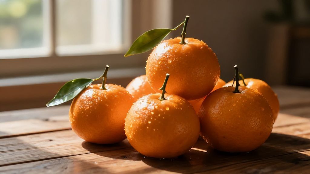 Спелые мандарины с зелеными листьями на деревянном столе в лучах солнца