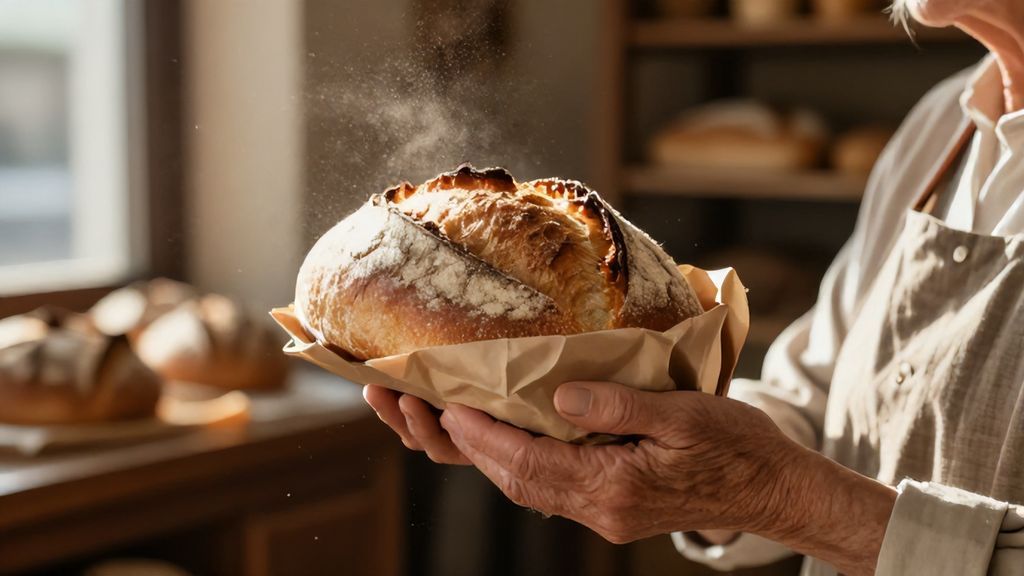 Руки держат теплый свежий хлеб в крафтовой бумаге