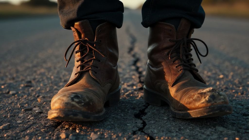 Старые порванные кожаные ботинки на пыльной дороге