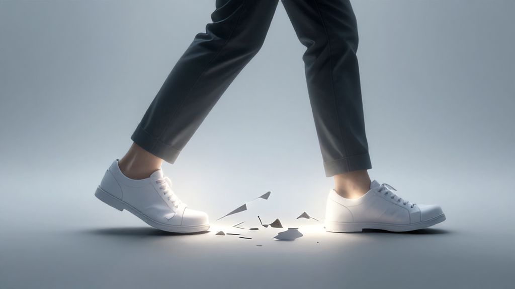 Сюрреалистичное изображение человека в рвущейся бумажной обуви