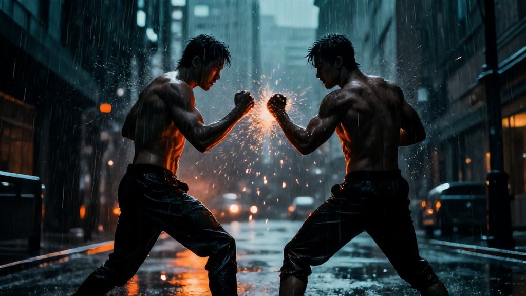 Драка двух мужчин на темной улице под дождем