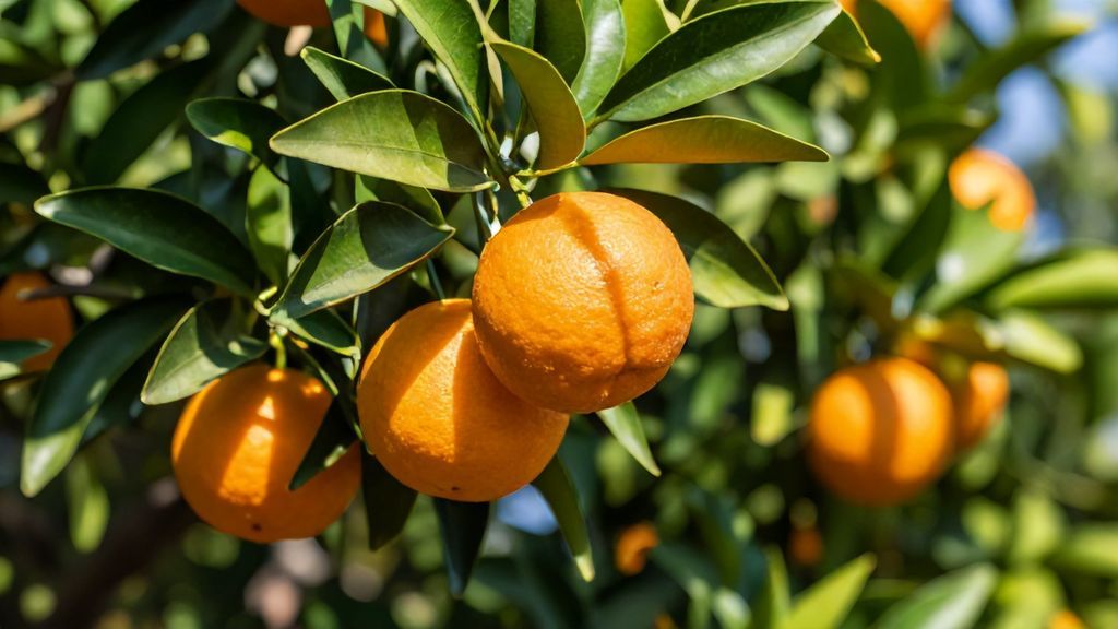 Спелые оранжевые мандарины на ветках.