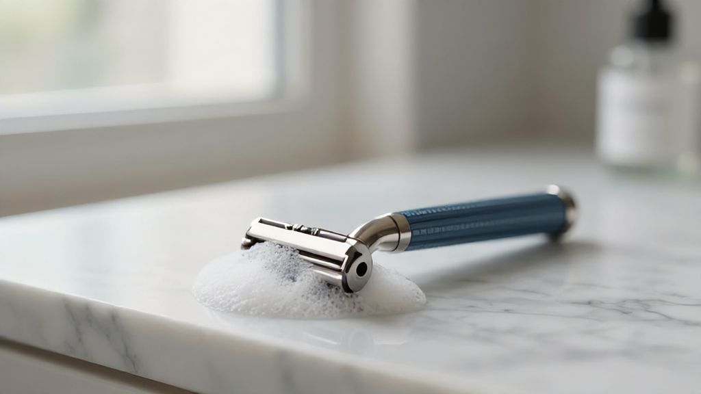 Винтажная бритва и пена на мраморной поверхности в лучах солнца