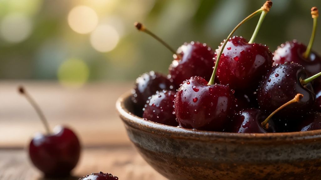 Спелая красная черешня в керамической чаше в лучах солнца