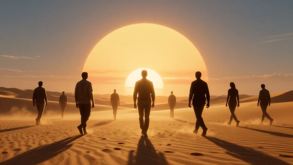 Силуэты мужчин идущих по пустыне на закате