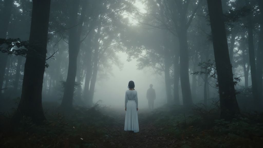 Женщина в туманном лесу и исчезающий силуэт мужчины как символ утраты во сне