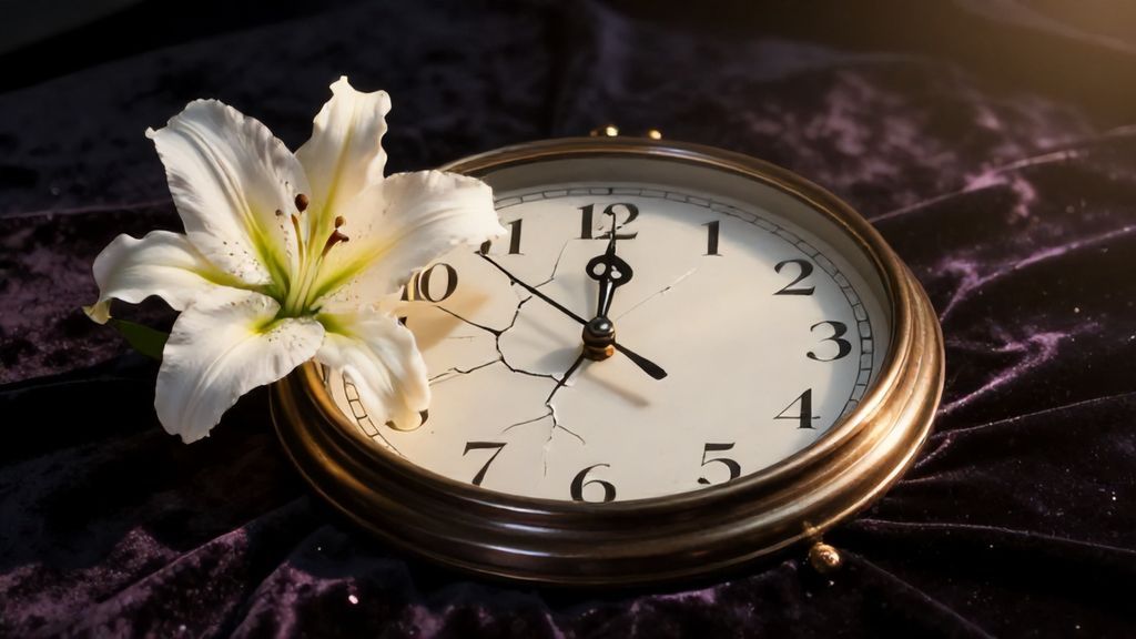Разбитые часы и белая лилия как символ окончания старого этапа