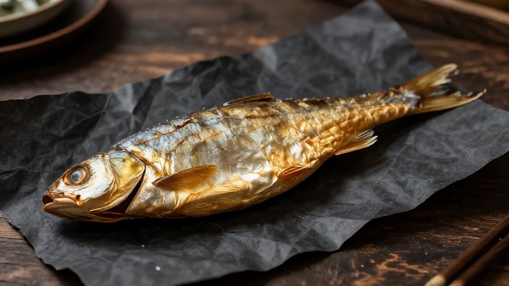 Золотистая вяленая рыба на темном пергаменте и деревянном столе
