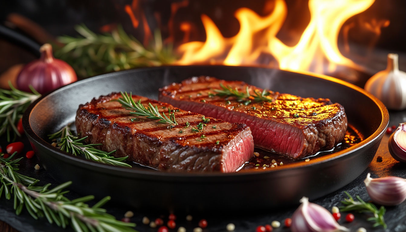 Сочные говяжьи стейки жарятся на чугунной сковороде с чесноком