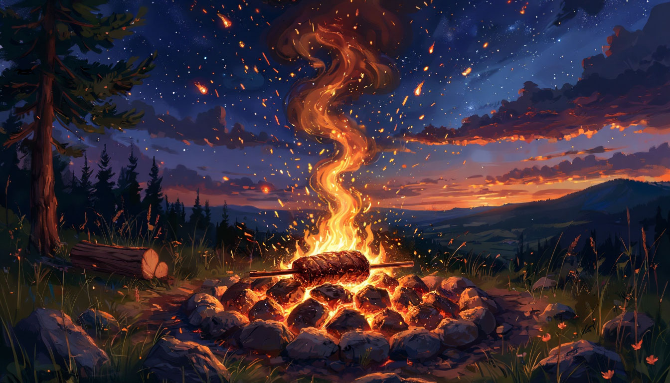 Мясо жарится на вертеле над костром на фоне звездного неба