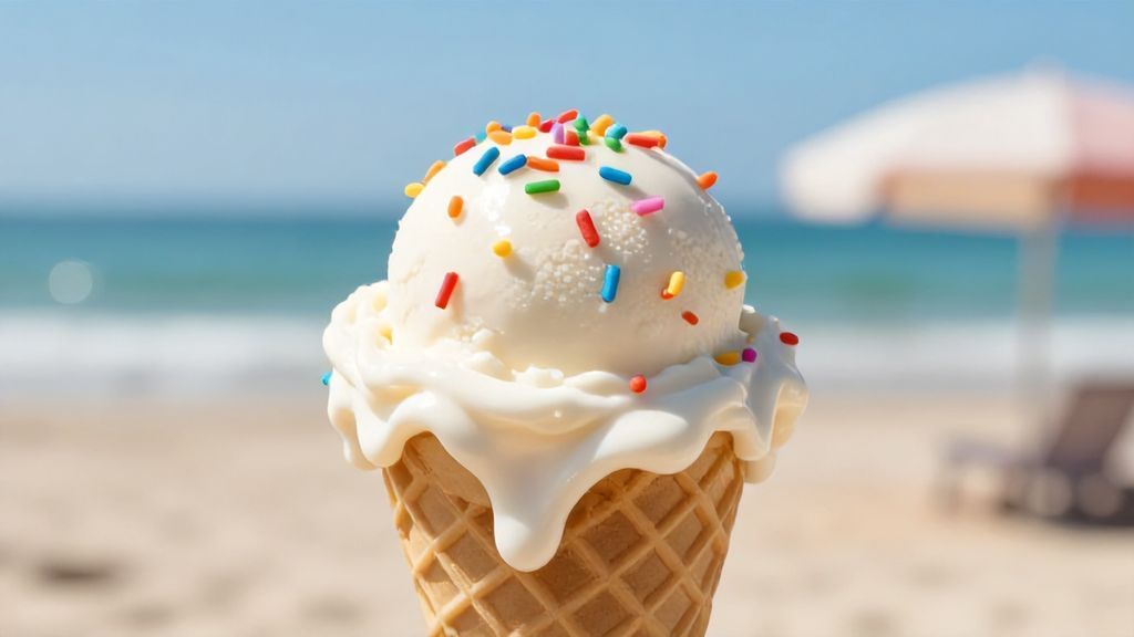 Ванильное мороженое с цветной посыпкой тает на солнце