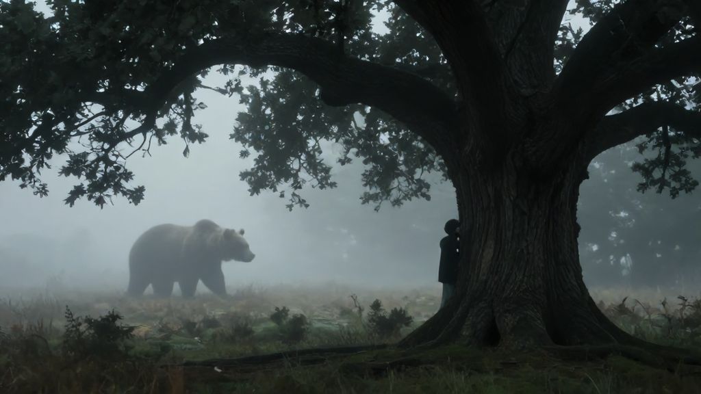 Человек прячется за деревом от тени огромного медведя в тумане