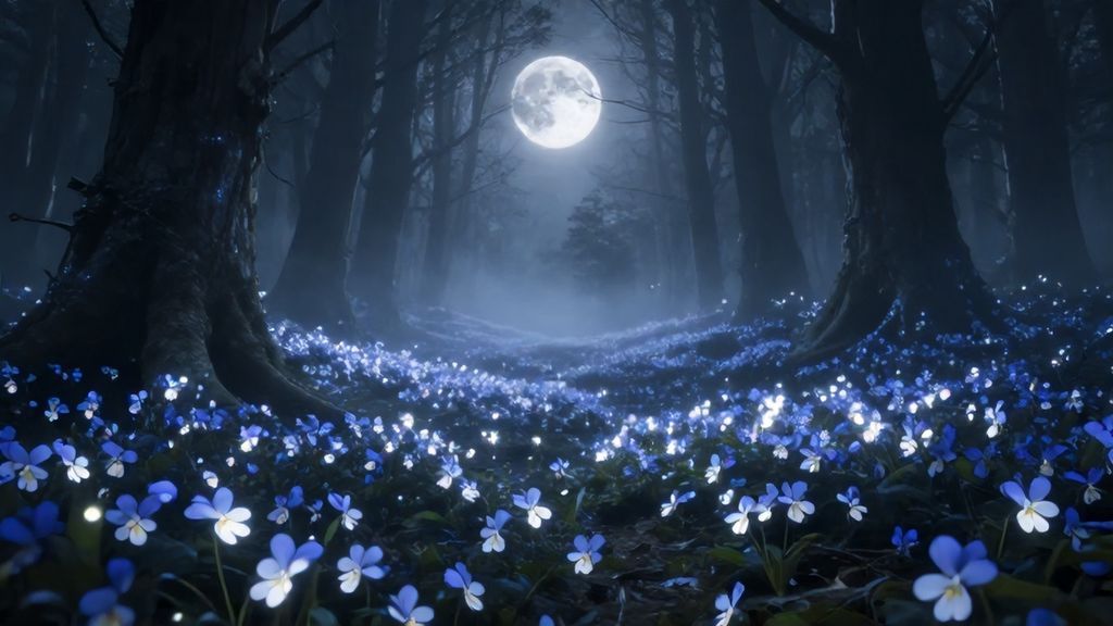 Волшебная поляна светящихся фиалок в лунном лесу
