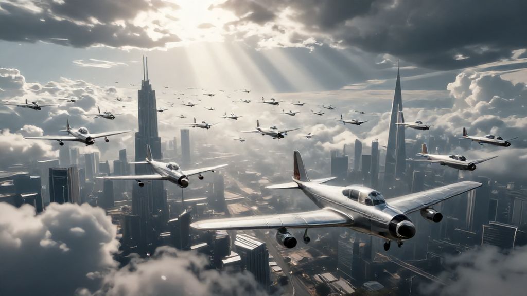 Эскадрилья серебристых самолетов над футуристичным городом в лучах солнца