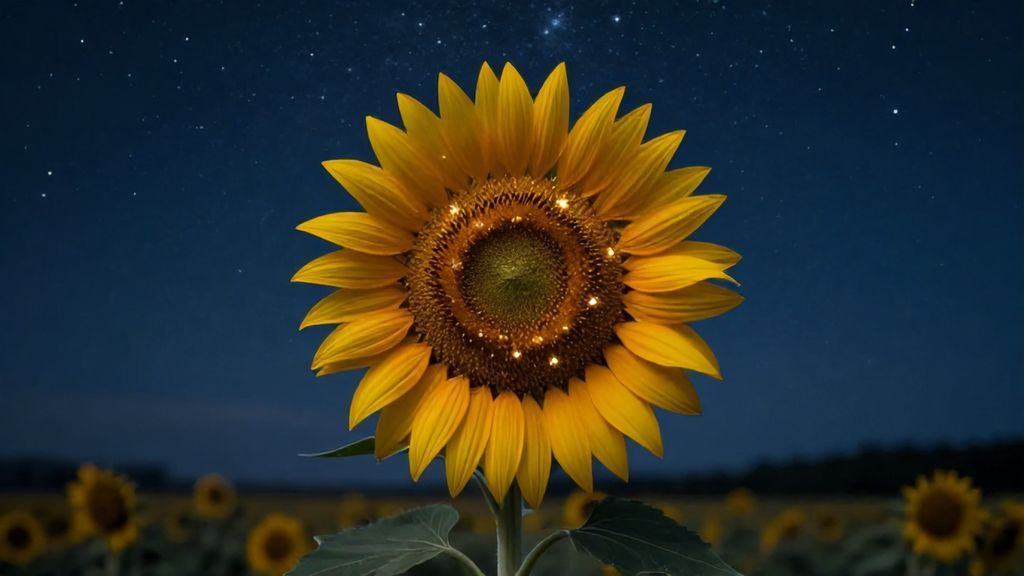 Сказочный подсолнух со светящимися семечками в ночном поле