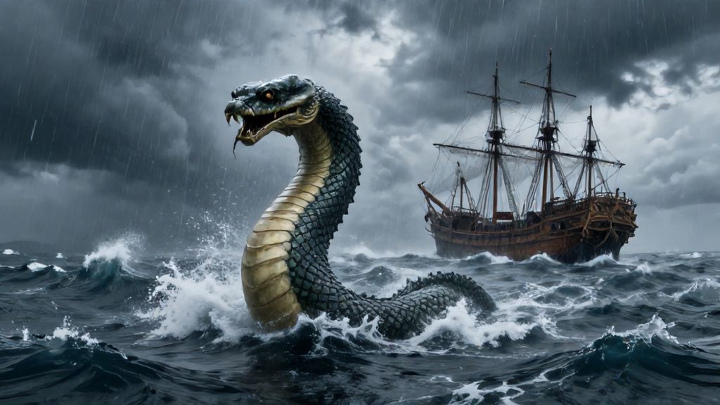 Огромный морской змей среди волн штормового океана