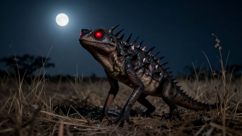 Существо Чупакабра с красными глазами в ночном поле