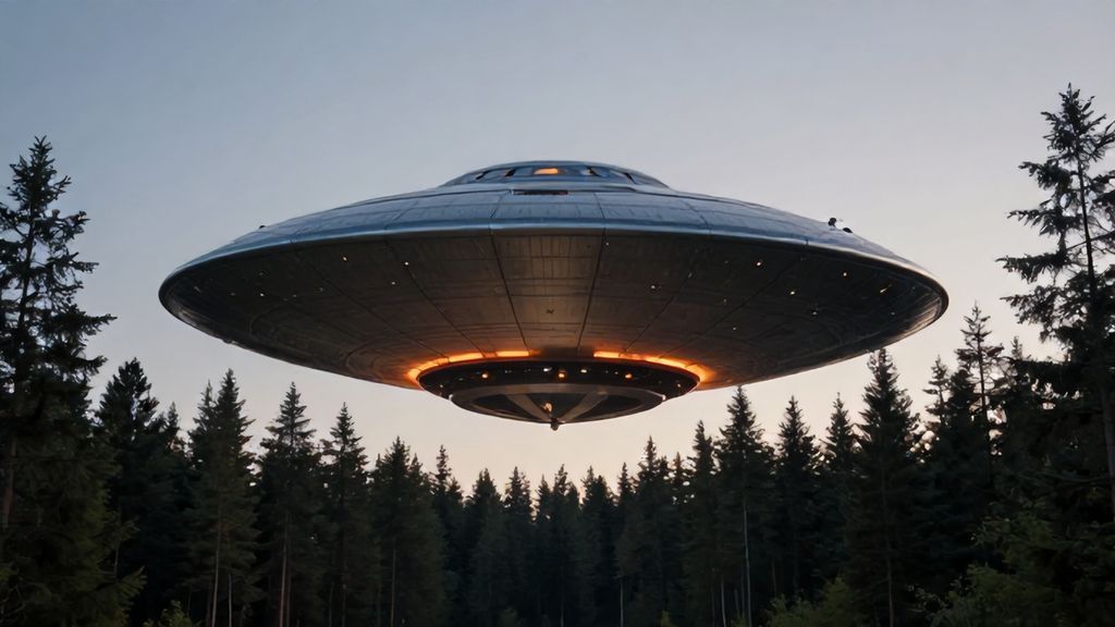Металлический дискообразный НЛО над хвойным лесом в сумерках