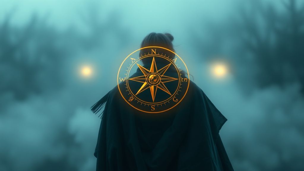 Женщина ищет путь по знакам судьбы в тумане