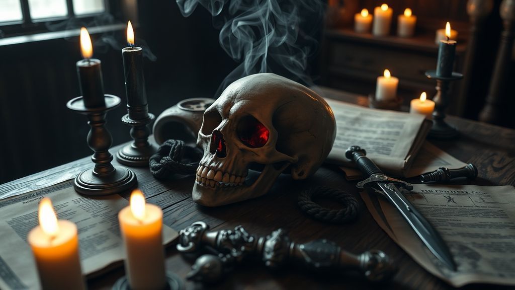 Алтарь некроманта с черепом и ритуальными свечами