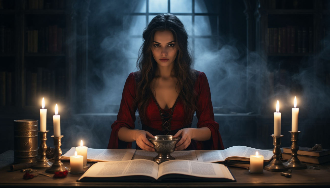 Женщина проводит тайный ритуал любовной магии