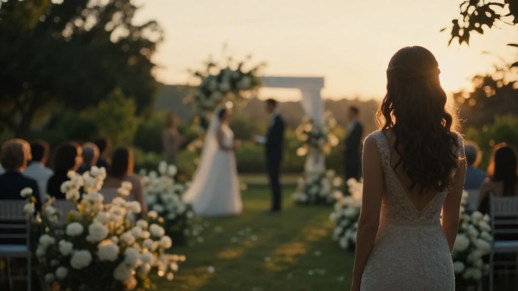 Женщина наблюдает за свадебной церемонией в саду как символ прощания с прошлым