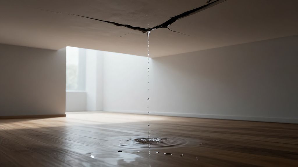 Чистая вода капает с потолка в гостиной на деревянный пол