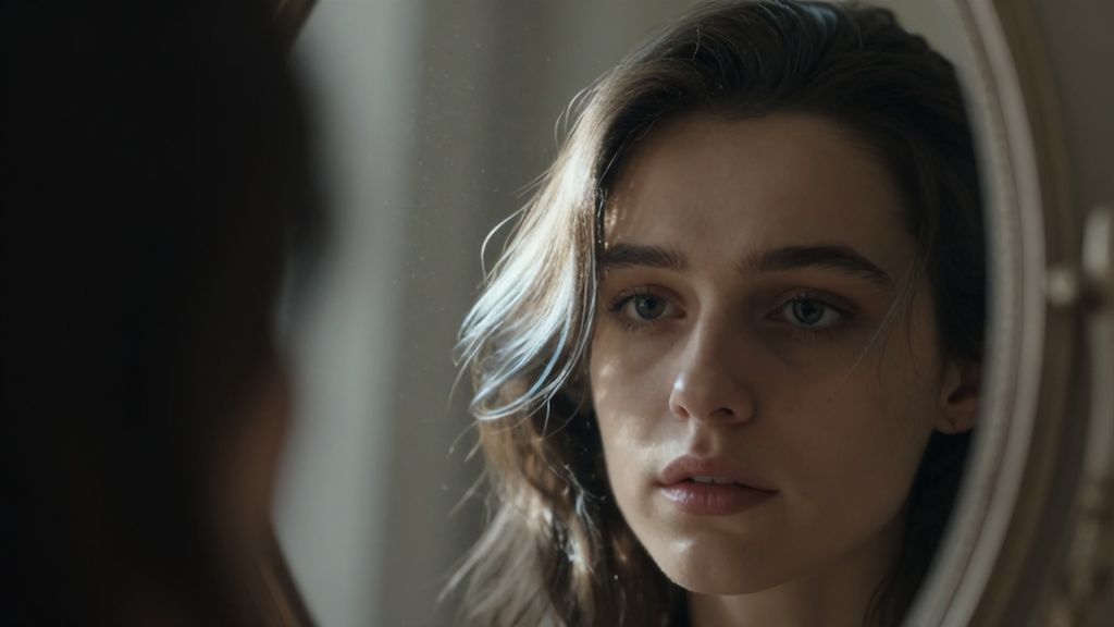 Седая прядь волос в отражении зеркала как символ осознания опыта