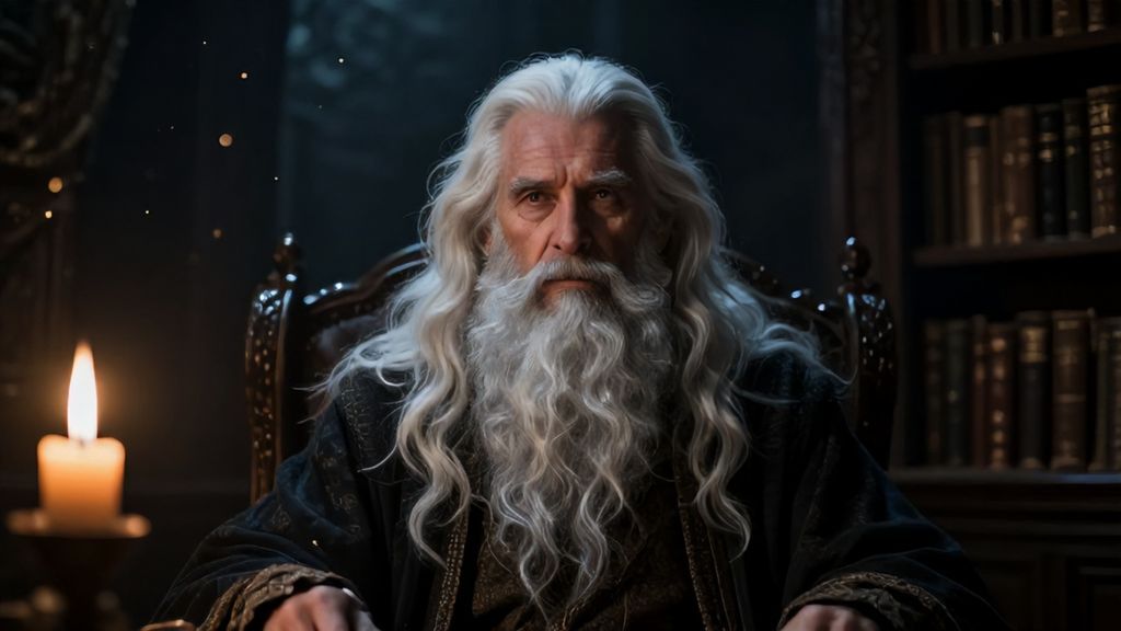 Мудрец с длинными седыми волосами в мистической библиотеке символ знаний