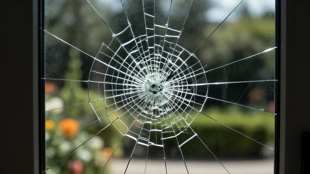 Разбитая стеклянная дверь с трещинами на фоне сада